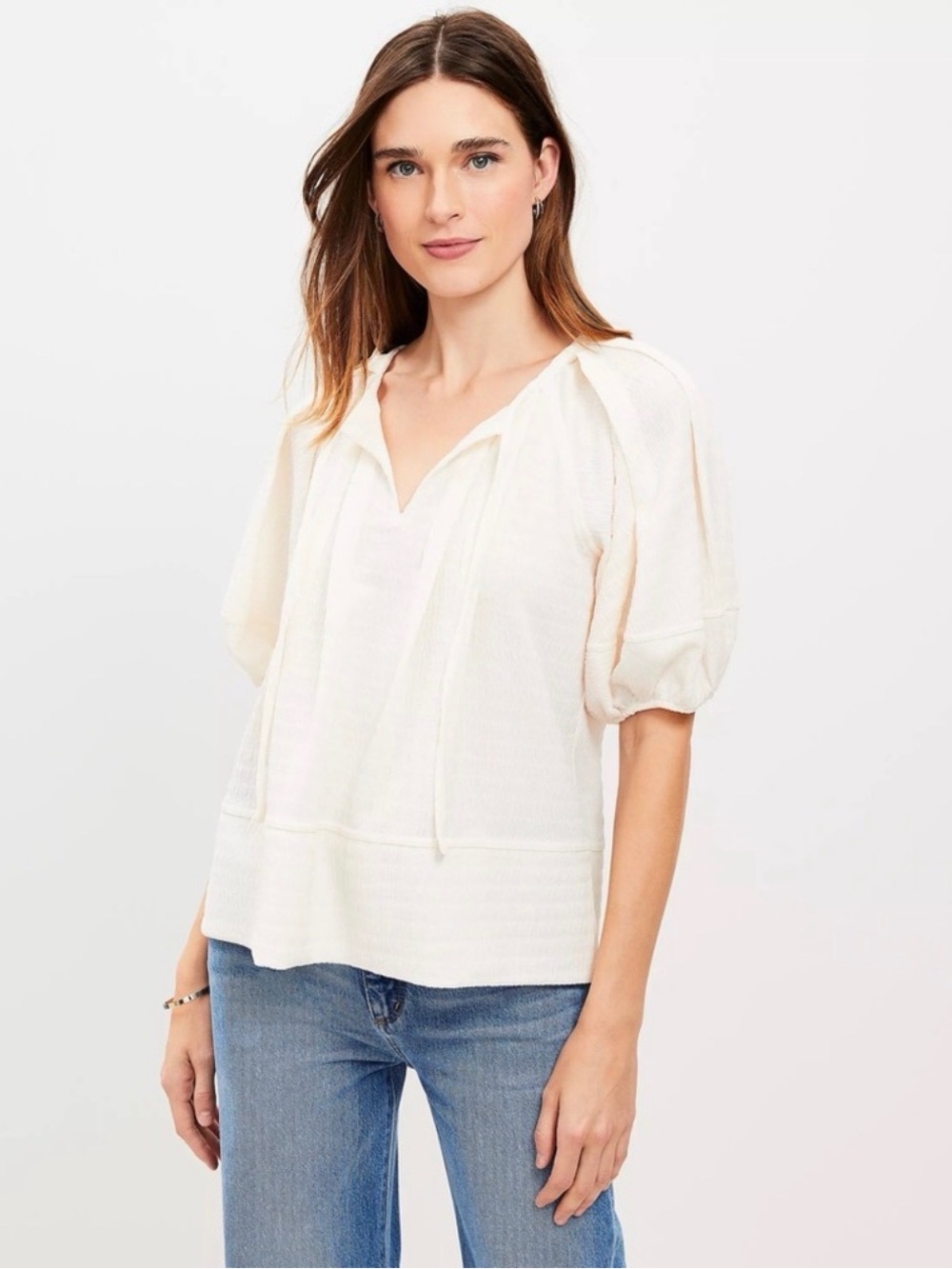 LOFT Ivory Peasant Blouse with Tie Neck